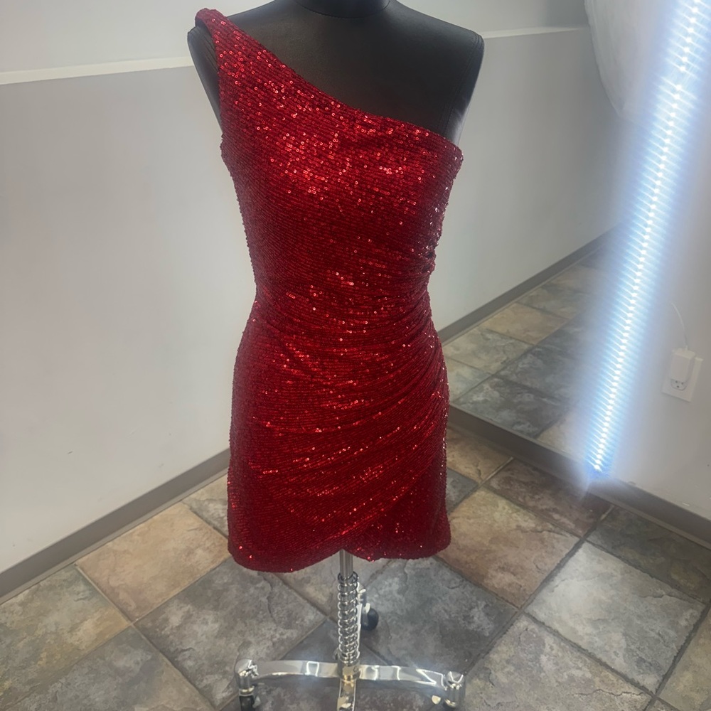 La Femme  29631 Sparkling Red One-Shoulder Dress